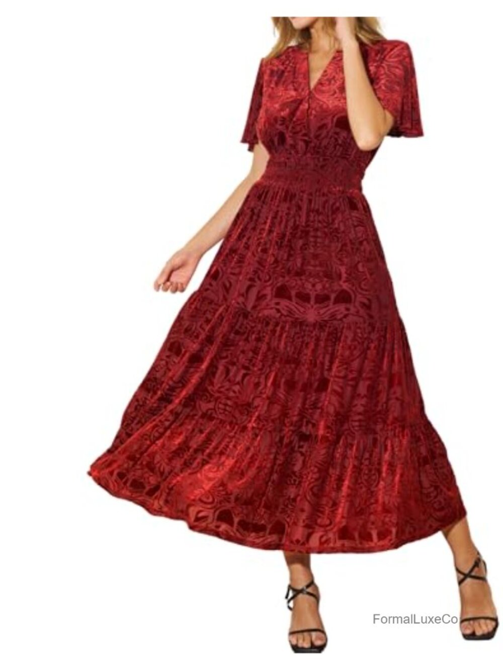 Women's Velvet Maxi Dress Formal Embossed Floral Smocked Waist with Pockets